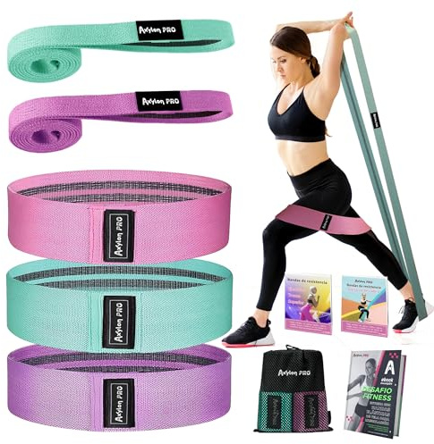 AXYLONPRO – Bandas Elasticas Musculación – Set de 5 Bandas de Resistencia Algodón (2 Largas + 3 Cortas) + 2 Guias Ejercicios + Bolsa Transporte – Cintas Elasticas Musculación – Cinta Elastica Fitness