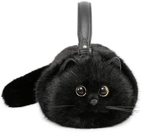 Handgefertigte realistische Katzen-Plüsch-Kawaii-Umhängetasche, pelzige Katzen-Geldbörse, Kätzchen-Geldbörse, Katzentasche, Schwarz, Middle