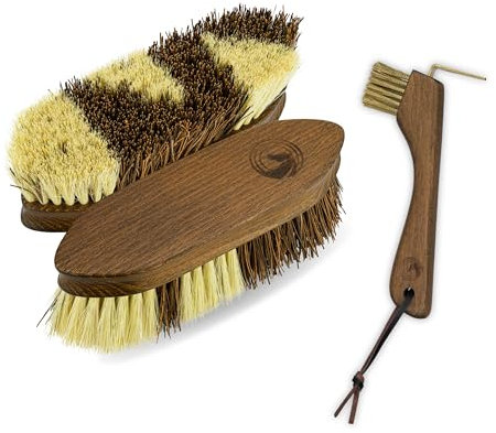 Equimour Huf-Duo – 2 in 1 Premium Hufbürste & Hufkratzer Set aus Holz & veganem Leder | Hochwertige Pferdepflege, effektive Hufreinigung, langlebiges Putzzeug für Pferde & Ponys