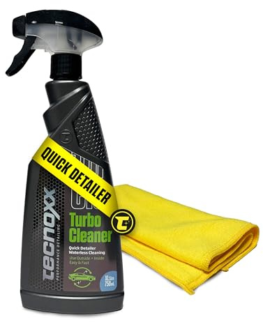 Tecnoxx – Quick Detailer | Cera Liquida Lucidante | Detergente Auto a Secco Senza Acqua, Finitura Uniforme Senza Aloni – Include Panno in Microfibra – 750 ml con Spruzzatore Turbo Cleaner