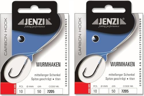 Set: 2 Packungen JENZI gebundene Wurmhaken Angelhaken Carbon/Titan (20 Stück), 50cm Hakengröße 1, 2 4, 6, 8, 10, 12 & 14 je nach Auswahl + gratis Petri Heill! Aufkleber (Hakengröße 10)
