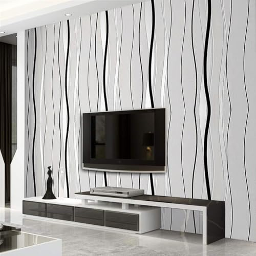 Warmiehomy Non-Woven Wallpaper Flocking 3D Wallpapers 4 Rolls 53cm x 9.5m Grey Minimalism Wavy Stripe Wall Covering for Living Room Bedroom Home Decoration