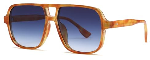 Long Keeper Lunettes de Soleil Femme Pilote Lunettes de Soleil Grande Carrés pour Femme Homme Lunettes Double Pont Pilote Vintage UV400 (Orange Écaille de Tortue Monture - Lentilles Dégradé Bleu)