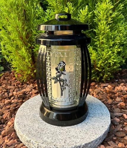 Lampe funéraire avec motif de rose - Couleur : noir - Bougie funéraire - Décoration funéraire - Sans socle - Bougie gratuite