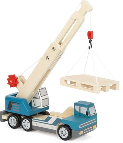 small foot Kranwagen mit Palette aus Holz, Spielfahrzeug für Kinder, mit 360°-drehbarem Kran und Zubehör, ab 2 Jahren, 12639