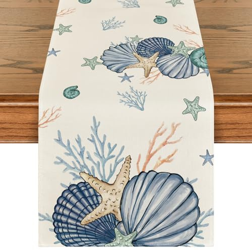 Artoid Mode Meer Muschel Seestern Sommer Tischläufer, Saisonnal Küche Esstisch Dekoration Drinnen Urlaub Party Dekor 40x140 cm