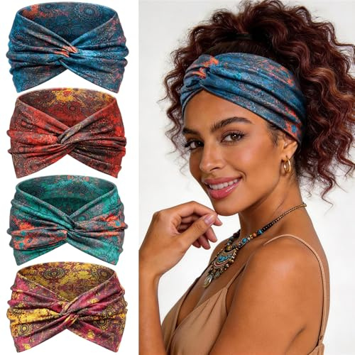 Tumurup Fascia Capelli Donna 4 Pcs Cerchietto Capelli Donna – 7'' Fasce per Capelli Elastici Turbante per Yoga, Fitness & Skincare –Larga Sport Headband Accessorio Capelli ﻿