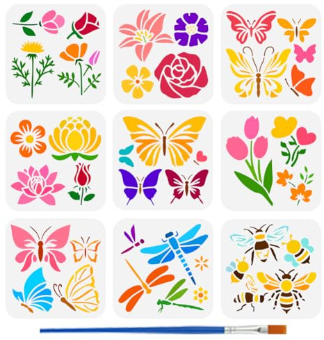 FINGERINSPIRE 9 Pcs Flowers Painting Stencil with Paint Brush 15x15cm Butterflies Bees Dragonflies Drawing Template Roses Lilies Tulips DIY Decor Stencil for Painting on Wood Wall Fabric Furniture