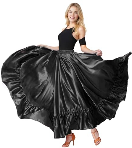Baisdan Gonna da Donna in Raso con Volant per Danza del Ventre, Flamenco, Folklorica Messicana e Danza del Toro Spagnolo Nero