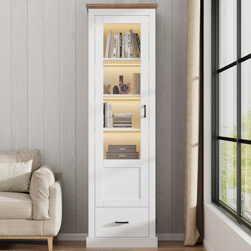 Vitrina Expositora para Colecciones con luz, vitrina de Cristal con Puerta y 1 Cajones 178x50x35 cm 16 Colores Muebles Vitrinas de Salon de Cristal con Estantes Regulables Armario de Libros(H, Blanco)