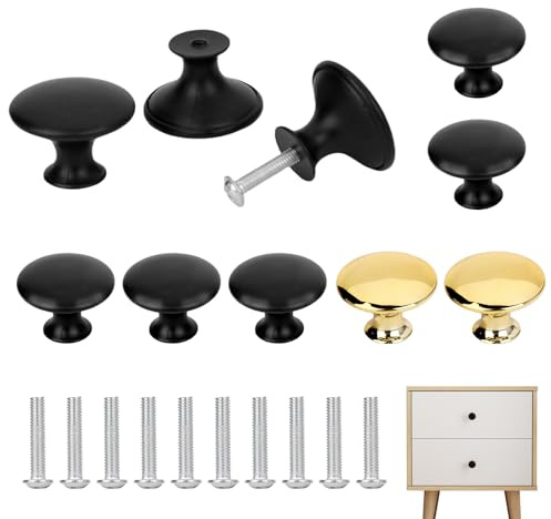 LuxStellar Möbelknoppar svart, 10 stycken knoppar för skåp skåphandtag möbelknoppar för skåp skåphandtag runda skåpknoppar guld skåpknappar moderna vintage med skruvar