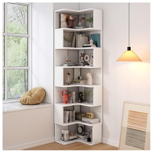 Corner Bookshelf nizer with Dividers, 7-Tier Storage Rack, Space-Saving Etagere for Small Rooms, Home Office, Living Room, White Finish
