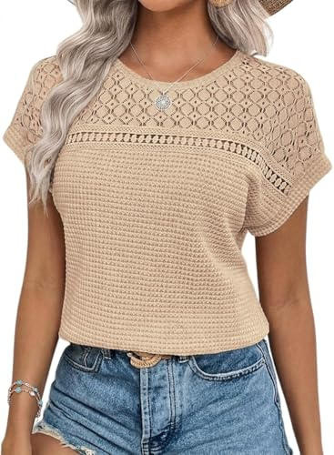 Chicrise Tshirt Femme Eté Dentelle Manches Courtes Blouse Col Rond Casual Hauts Elégante Crochet