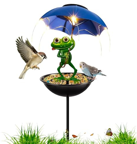 Distributeur de nourriture pour oiseaux pour l'extérieur - Lampe de jardin solaire en forme de grenouille pour décoration - Distributeur de nourriture pour oiseaux - En métal - Pour jardin, balcon