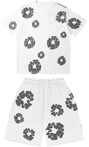 Mens Kids Shorts and T shirt Sets Flower Print Tracksuits 2 Piece Outfits Short Sleeve Crew Neck Summer Outfits Suit Loose Casual Sport Activewear Sweatsuits (1-White, 13-14 Years)