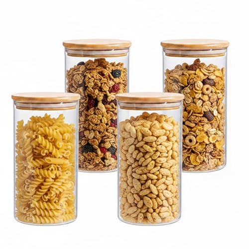Baroni Home Set 4 Barattoli in Vetro Borosilicato con Tappo in Bamboo, 1.2 L Contenitori Alimentari Ermetici Lavabili in Lavastoviglie, Design Minimal, 20 cm
