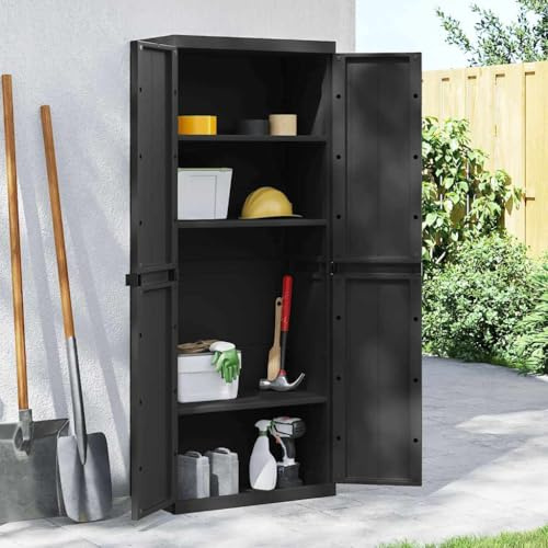 YunCangg Armoire de jardin noire en polypropylène 65 x 37 x 165 cm avec étagère, verrouillable, compacte pour jardin, balcon, terrasse, espace de rangement robuste pour outils et ménage