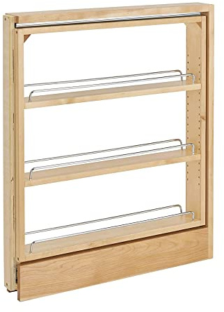 Rev-A-Shelf 3 Pull Out Shelf Organizer for Between Base Kitchen Cabinets, Adjustable Filler Spice Rack Seasoning Storage Holder, Wood, 438-BC-3C
