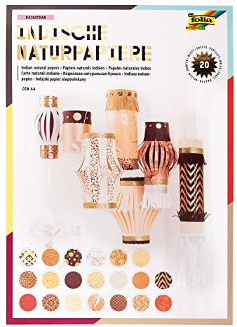 folia 550404 – Indiskt naturpapper Rajasthan, handgjort papper, 20 ark sorterade i olika färger/motiv, DIN A4, för gratulationskort, scrapbooking och ädelt hantverk