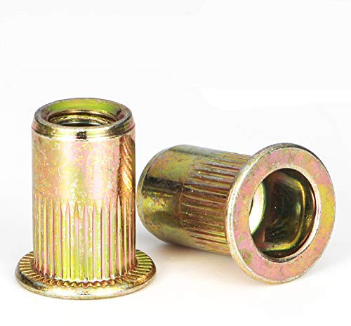 Rivet Nut, LOKMAN 100 Pieces 1/4-20UNC Carbon Steel Flat Head Rivnut Threaded Insert Nut,Knurled Body (1/4''-20)