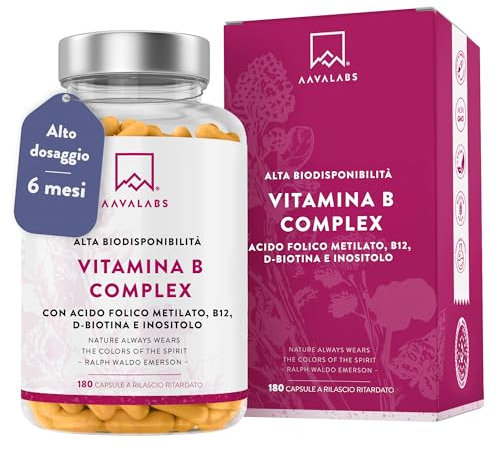 Vitamina B Complex Alto Dosaggio Vegan | 180 Capsule [6 Mesi] Vitamine B: Vitamina B1, B2, B3 (Niacina), B5, B6, B8 (Biotina), Vitamina B12 e Acido Folico Attivo (B9 Metilfolato), Inositolo e Colina