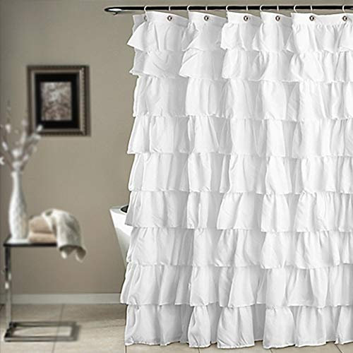 Lanmei Duschvorhang mit Rüschen, wasserdichter Duschvorhang aus Polyestergewebe wasserdicht, Blickdicht, weiß, schick Spitze, Duschvorhang aus Polyester aus Spitze 70 x 70 Zoll