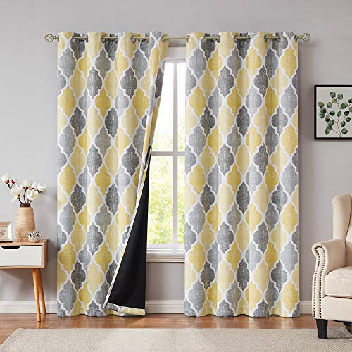 Beauoop Yellow Grey Blackout Curtains for Living Room 90 Inch Drop Geometric Curtains Lattice Moroccan Print Room Darkening Thermal Insulated Energy Efficient Window Curtain Drapes 2 Panels