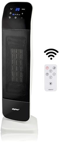 alpina Elektrischer Heizlüfter und Ventilator - Oszillierender Turmventilator mit Fernbedienung und Timer - Einstellbare Temperatur von 15 bis 35°C - Heizen und Kühlen - 20 x 18 x 61 cm