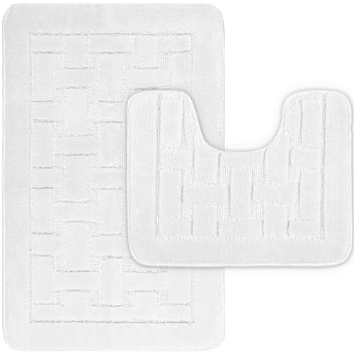 LS DECOR Luxury 2 Piece Block Bath Mat Set Non Slip Ultra Soft Bathroom Mats Water Absorbent Bath Mats Machine Washable Rug Toilet Mat for Bathroom Floor (WHITE)