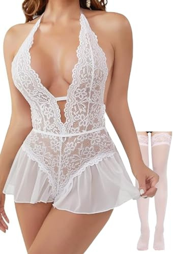 Rayson Donna Lingerie Vestito Babydoll in Pizzo Scollo a V Intimi Pigiama con Calze Biancheria Intima da NOTT(Bianco)