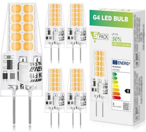 MUSUNIA Lampadine LED g4 - Lampadine 3W 3000K Bianco caldo 300lm, sostituzione per lampadine alogene 30W, senza sfarfallio, non dimmerabili, 12V AC/DC, confezione da 5