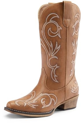 DREAM PAIRS Women's Slip-on Mid-Calf Cowboy Boots,Tan,7.5