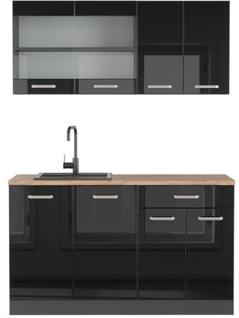 Vicco Küchenzeile R-Line, Schwarz Hochglanz, 140 cm, AP Eiche, zur flexiblen Erweiterung mit weiteren Modulen geeignet