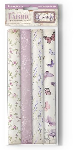 Set di 4 pezzi di tessuto lavanda da 30 x 30 cm, tessuto di cotone, cucito fai da te, trapuntatura, patchwork, motivi lavanda, progetti fai da te, tessuti decorativi