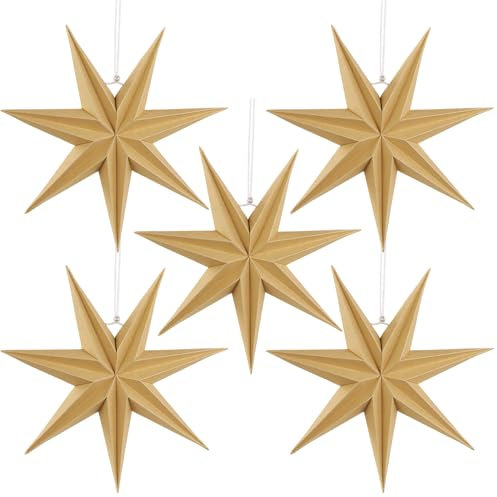 SUNBEAUTY Lot de 5 étoiles en papier - 30 cm - Couleur bois d'origine - Décoration de Noël - 7 branches - En papier - Pour mariage, anniversaire, décoration de table de Noël
