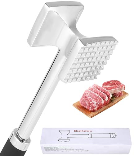 Bixury Attendrisseur de Viande en INOX,Marteau à Viande de Cuisine Marteau à Steak 27 cm Argenté Marteau à Viande Double Face Ecraseur de Viande avec Manche Antidérapant pour Steak Poulet Porc