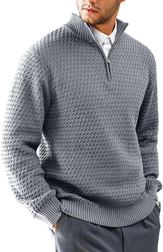 HYPESTFIT Mens Quarter Zip Sweater Mock Neck Knitted Pullover Long Sleeve Jumper Casual Top Dark Gray M