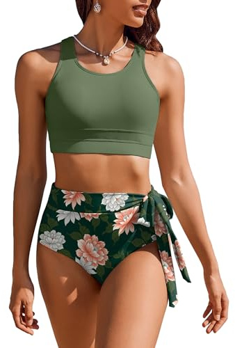 AI'MAGE Bikini Sets for Women UK High Waisted Swimsuits Beachwear Ladies Tankini Top, Army Green, M