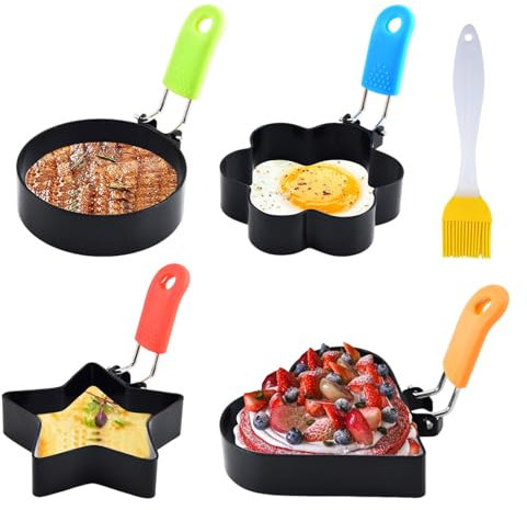 Egg Rings for Frying, 4PCS Egg Ring Molds with Silicone Handle, Fried Egg Cooking Rings with Oil Brush, Fried Egg Mould Pancake Mcmuffin Omelette Shaping Burger Star Flower Heart Round
