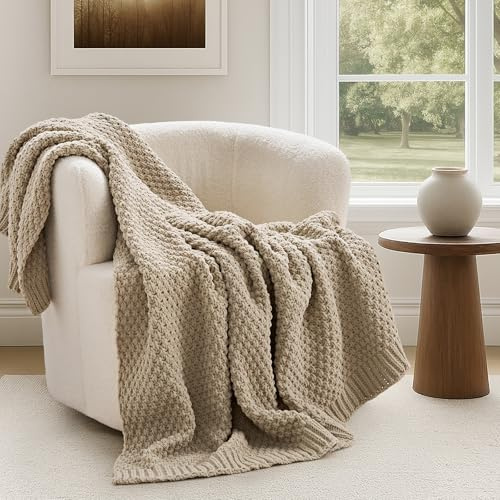 EVERGRACEHOME Chunky Chenille Knit Throw Blanket for Couch, Soft Luxurious Moss Stitch Blankets for Bed, Cozy Decorative Farmhouse Knitted Throws for Sofa, Sand Dune, 50 x 60