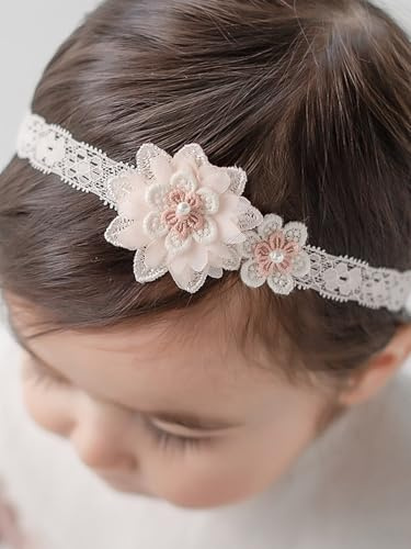 ICKEYOU Baby Girls Hairbands Lace Flowers Headband Handmade Soft Stretchy Colorful Flower Hairband Newborn Headbands with Pearls Elastic Hairbands for Infant Head Band (Two Pink Flowers)