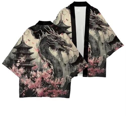 Tsffae Kimono Japonais Imprimé Dragon, Cardigan Traditionnel Japonais Samouraï, Yukata, Robe De Plage Unisexe, Streetwear pour Hommes