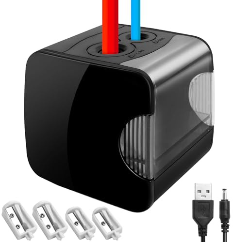 Electric Taille-Crayon Automatique Professionnel, Alimenté par Batterie/USB, 2 Tailles Pencil Sharpener Professionnel,pour Crayons épais et Fins, avec 4 Lames de Rechange