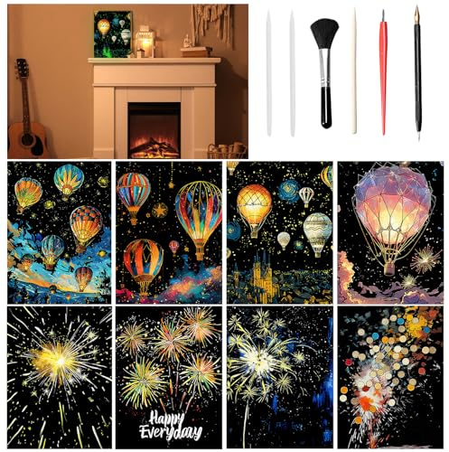 VLYX Arte da grattare per adulti e bambini, set di 8 pezzi con note arcobaleno e strumenti di graffio, materiali creativi (Mongolfiere & Fuochi d'artificio)