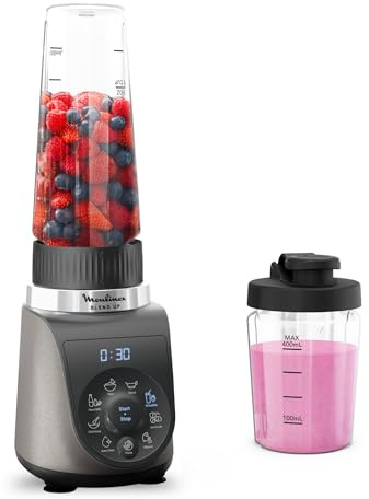 Moulinex Blend Up, Batidora personal potente 1000 W, 8 programas automáticos, pica hielo, ideal para batidos, smoothies y bebidas saludables, jarra resistente, incluye espátula, Gris, LM19JEF0