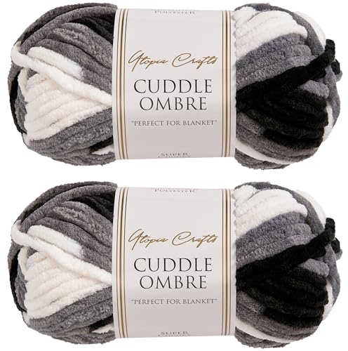 Utopia Crafts Cuddle Ombre - Ovillo de hilo suave de chenilla supergrueso para tejer y ganchillo, 2 unidades de 100 g (niebla monocromática, 2 unidades de 100 g)