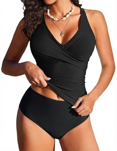 Ekouaer Tankini Dam magkontroll push up tvådelad baddräkt crossover tankini set, hög midja badmode, svart, L