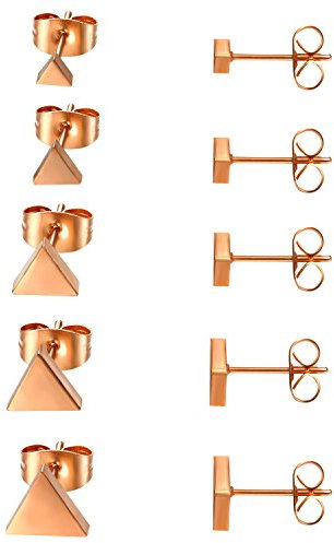 JewelryWe Schmuck 5 Paare Ohrstecker Set, Edelstahl Dreieck Triangel poliert Ohrringe Ohr-Schmuck für Damen & Herren, Rosegold, Breite 4,5,6,7,8mm