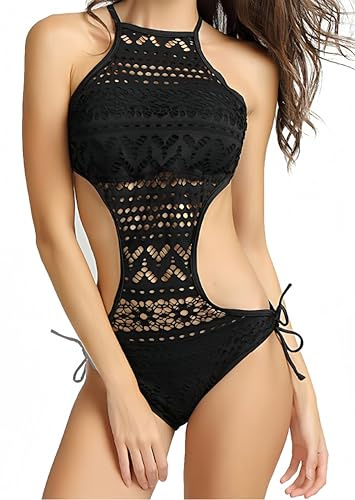 Ocean Plus Damen Schwarz Hochgeschlossen Badeanzug Neckholder Spitze One Piece Cut Out Padded Monokini (XL/38, A-Schwarz)