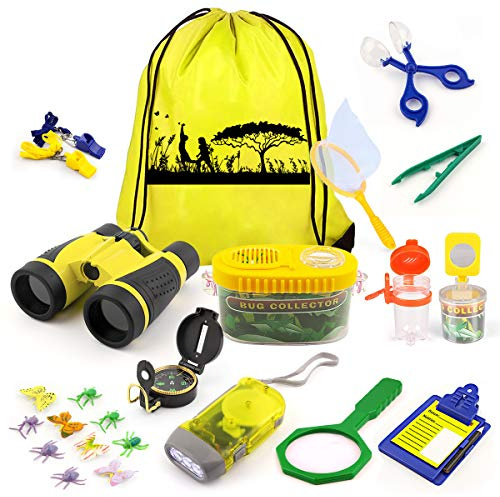 24 Pcs Kids Explorer Kit & Bug Catcher Kit for Kids, Outdoor Toys Adventure Camping Kit with Drawstring Bag, Binoculars, Compass, Butterfly Net, Educational Nature Exploration Toys Gift for Boys Girls